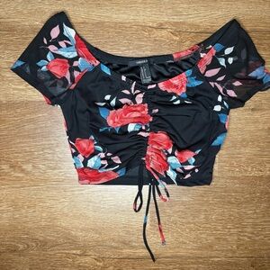 Whimsigoth Black Mesh Floral Rose Crop Top with Tie Detail size S